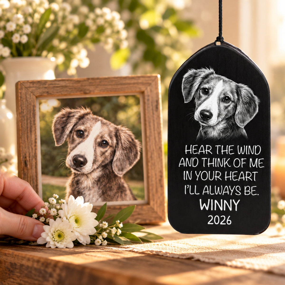 Hear The Wind - Custom Black & White Pet Portrait Memorial Wind Chime