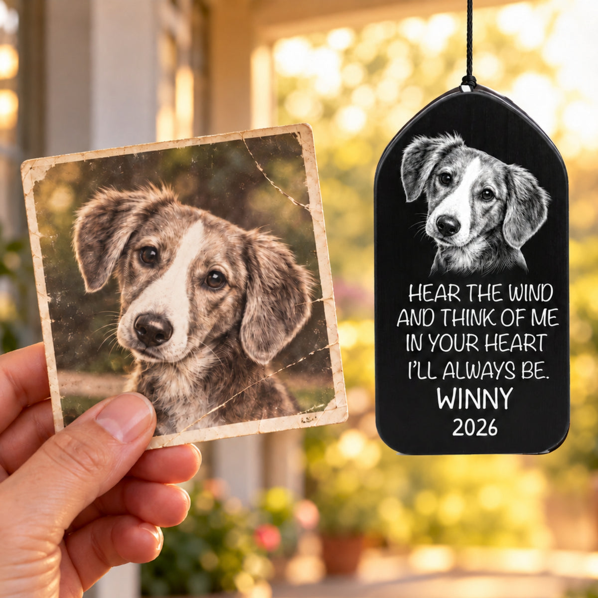Hear The Wind - Custom Black & White Pet Portrait Memorial Wind Chime