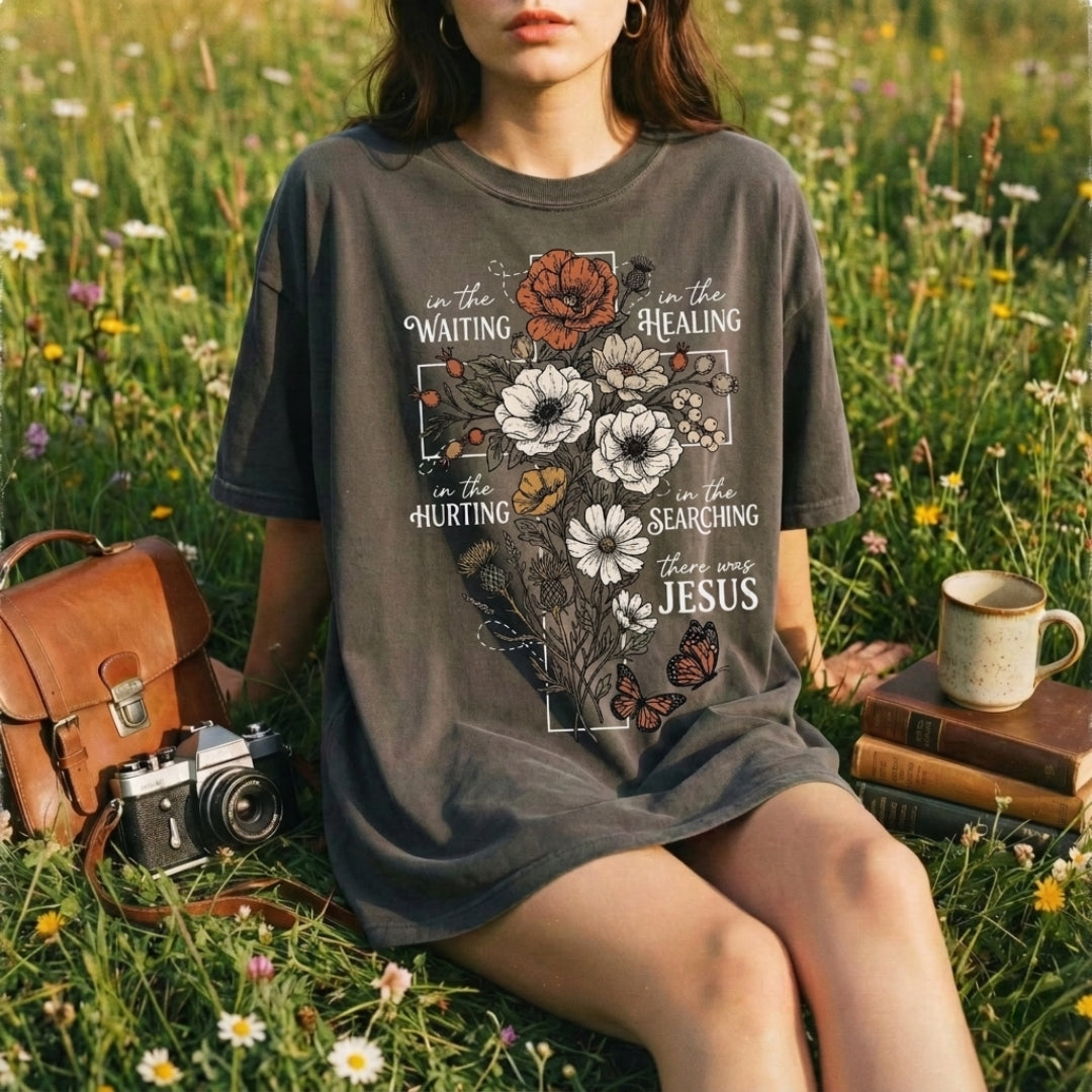 In The Waiting There Was Jesus Floral Cross Shirt - Comfort Colors 1717