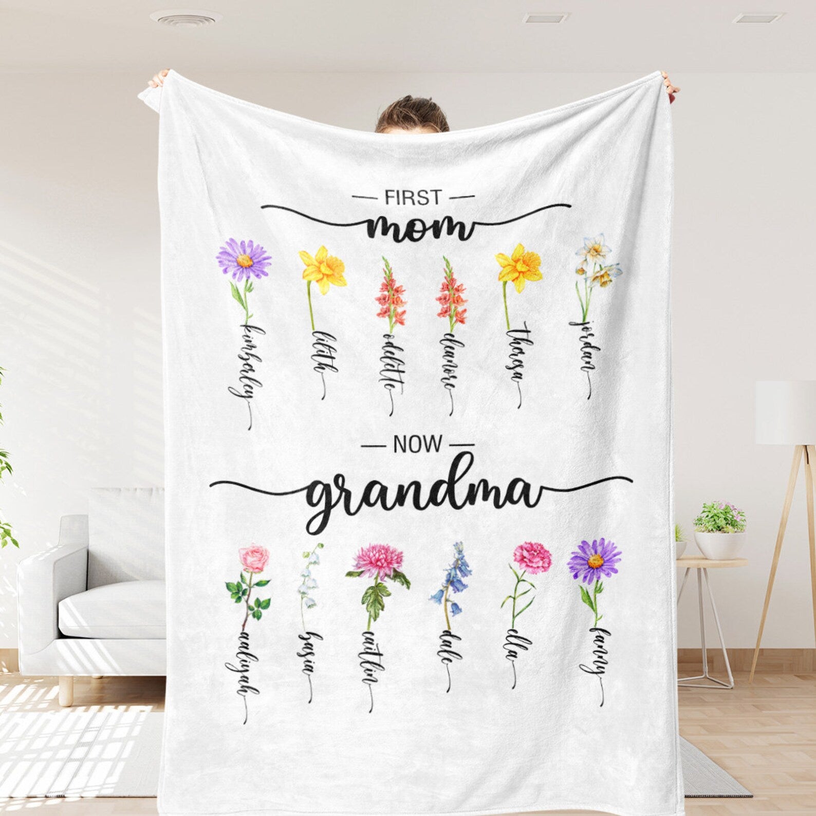 Custom Birth Flower Blanket – Mom & Grandma Blanket with Kids Names
