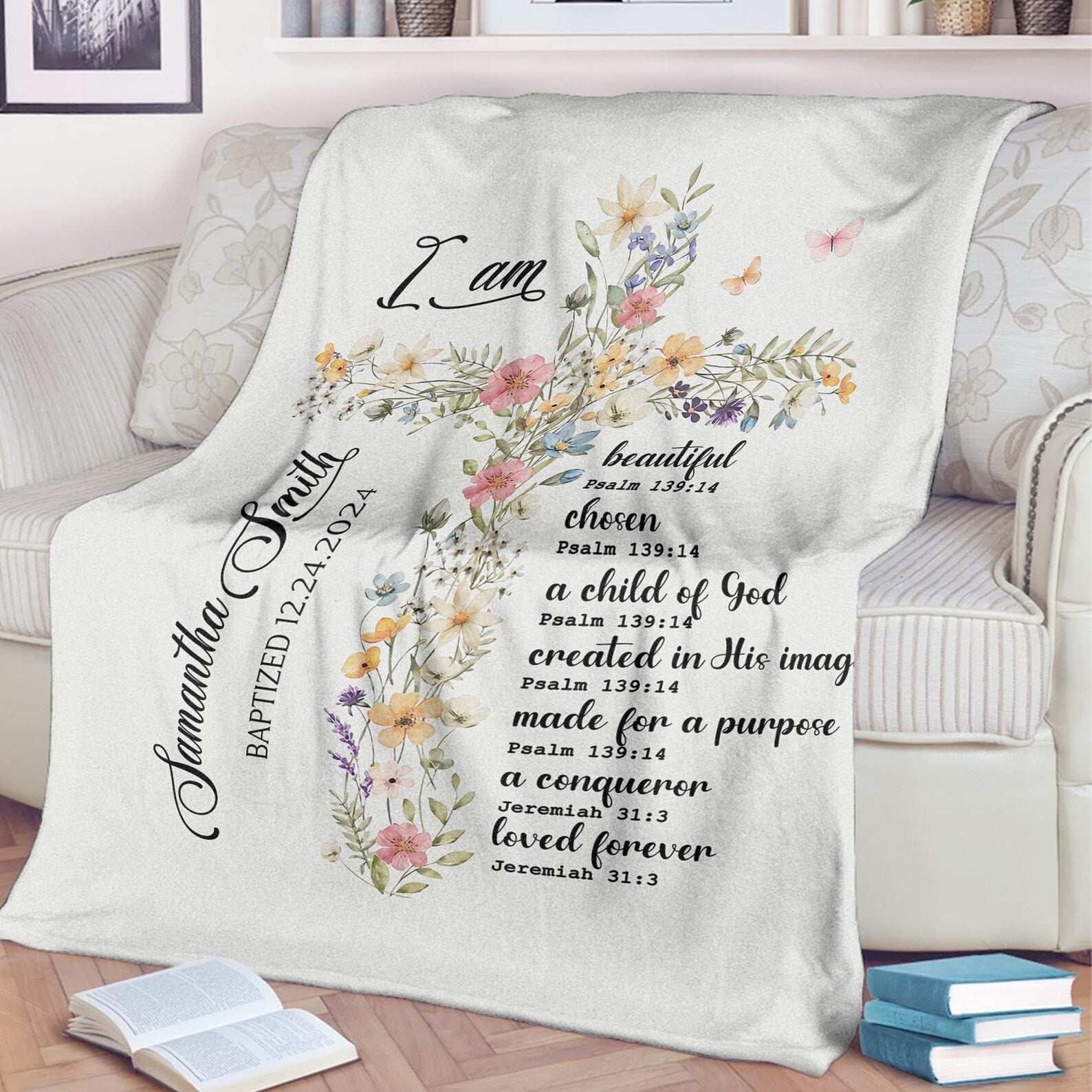 Custom Christian Blanket with Bible Verse – Floral Cross Faith Gift for Women