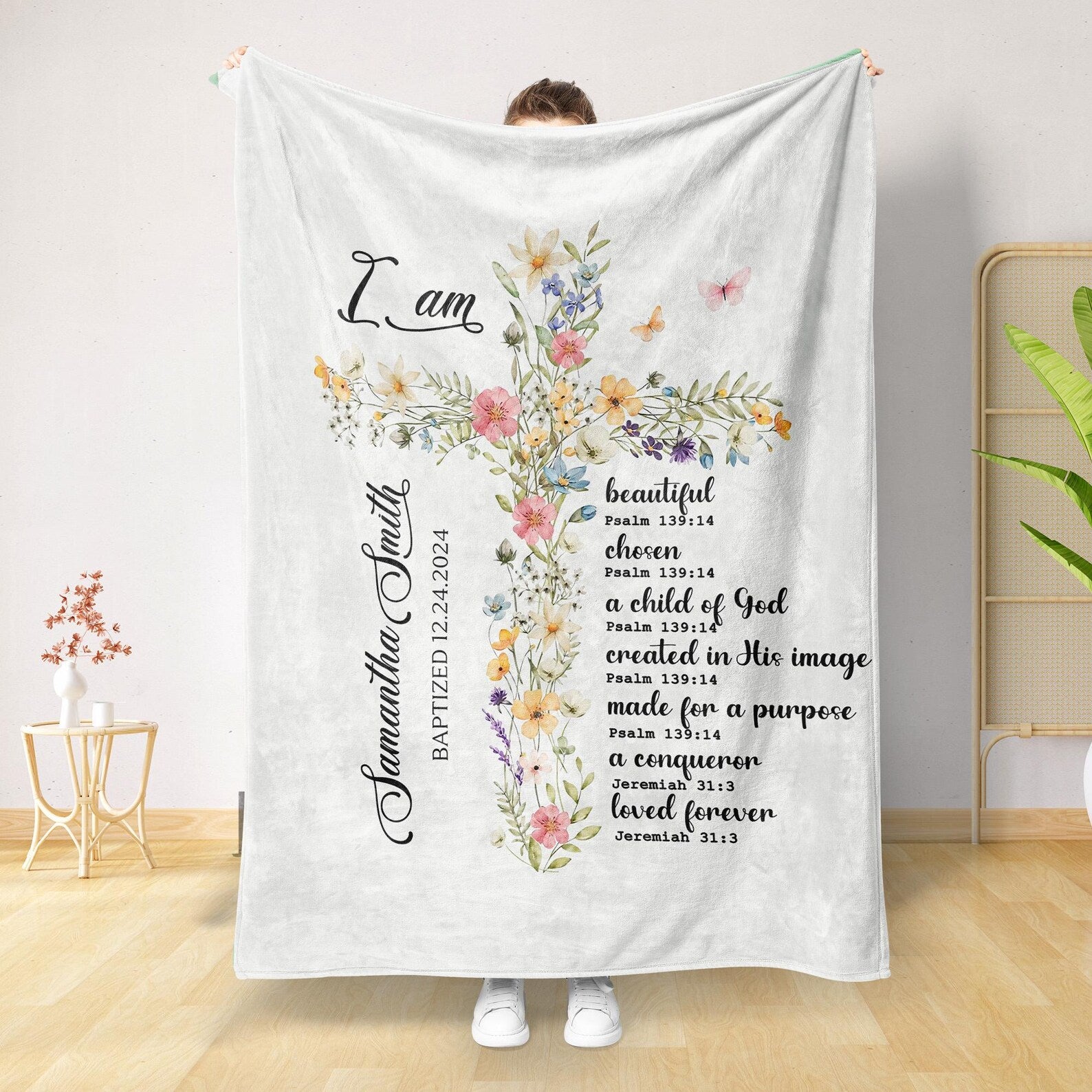 Custom Christian Blanket with Bible Verse – Floral Cross Faith Gift for Women