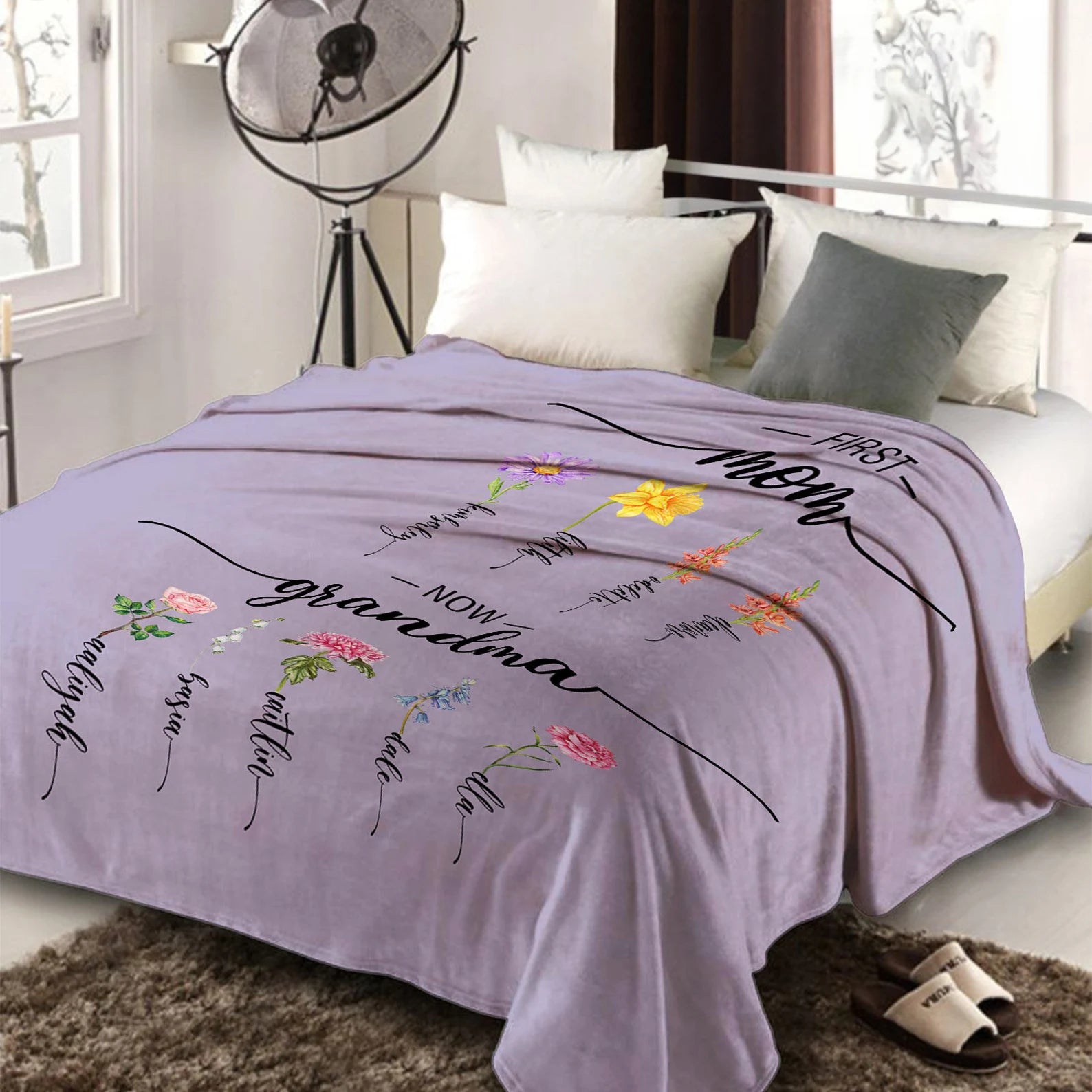 Custom Birth Flower Blanket – Mom & Grandma Blanket with Kids Names