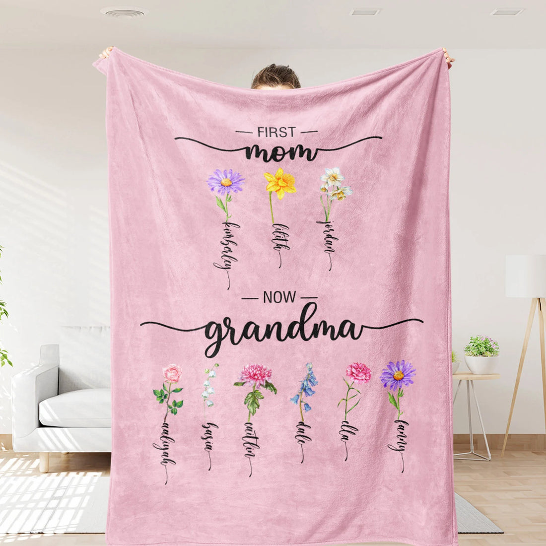 Custom Birth Flower Blanket – Mom & Grandma Blanket with Kids Names