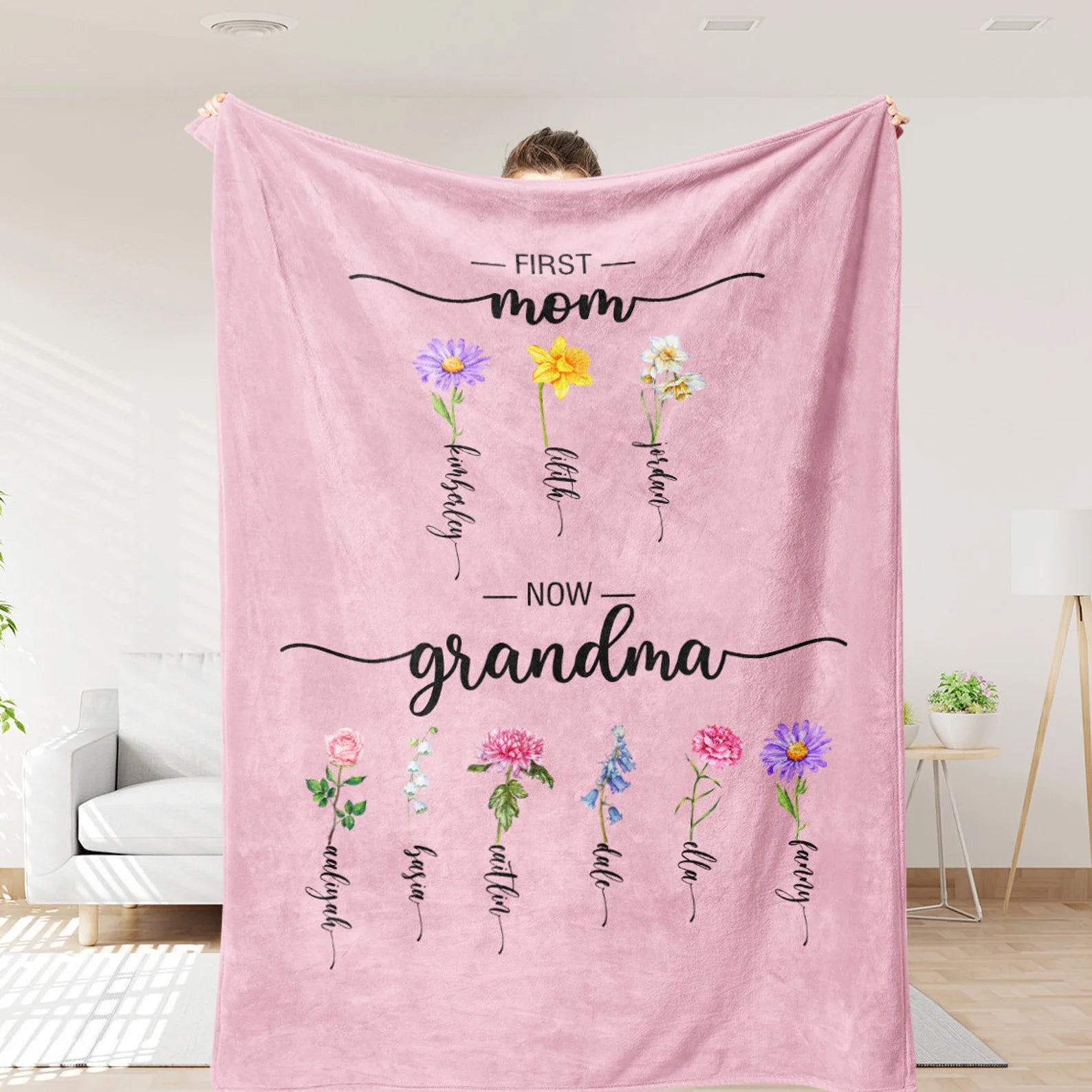 Custom Birth Flower Blanket – Mom & Grandma Blanket with Kids Names
