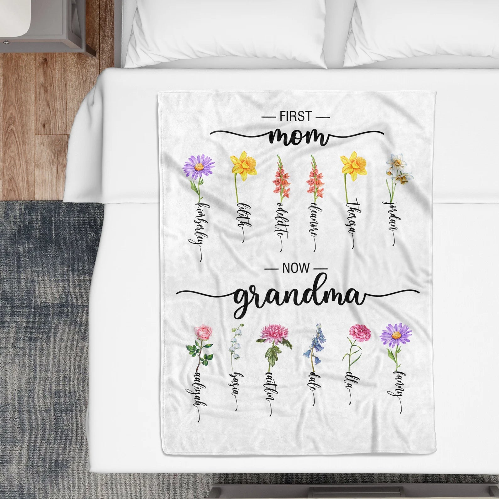 Custom Birth Flower Blanket – Mom & Grandma Blanket with Kids Names