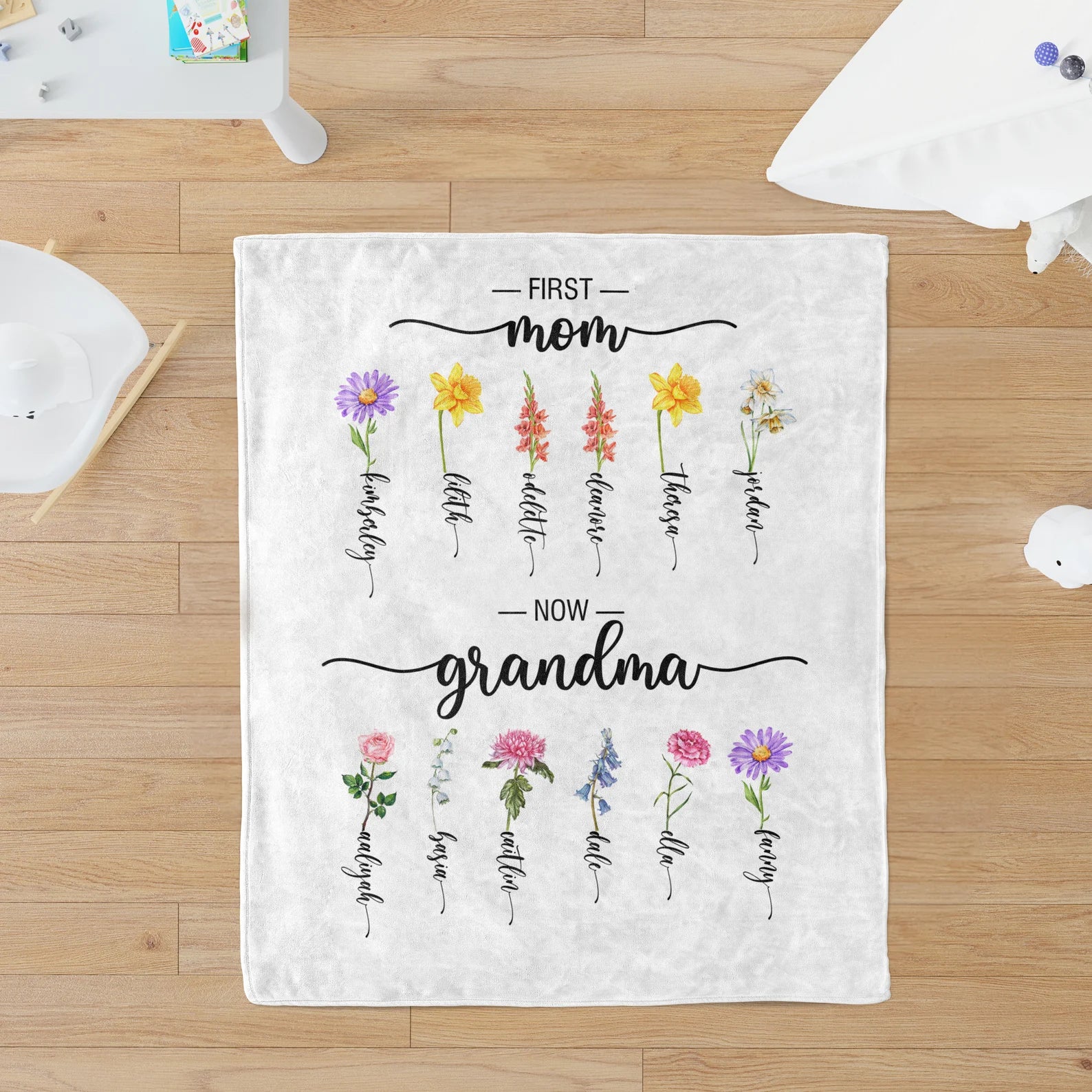 Custom Birth Flower Blanket – Mom & Grandma Blanket with Kids Names