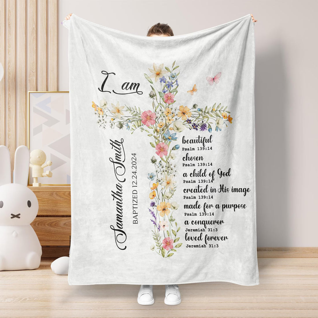 Custom Christian Blanket with Bible Verse – Floral Cross Faith Gift for Women
