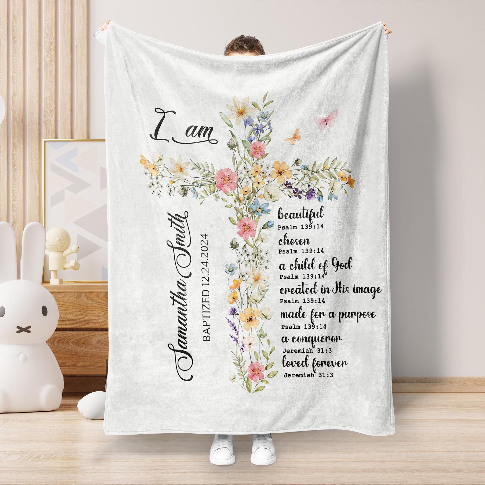 Custom Christian Blanket with Bible Verse – Floral Cross Faith Gift for Women
