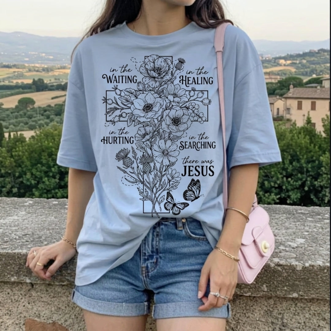 In The Waiting There Was Jesus Floral Cross Shirt - Comfort Colors 1717